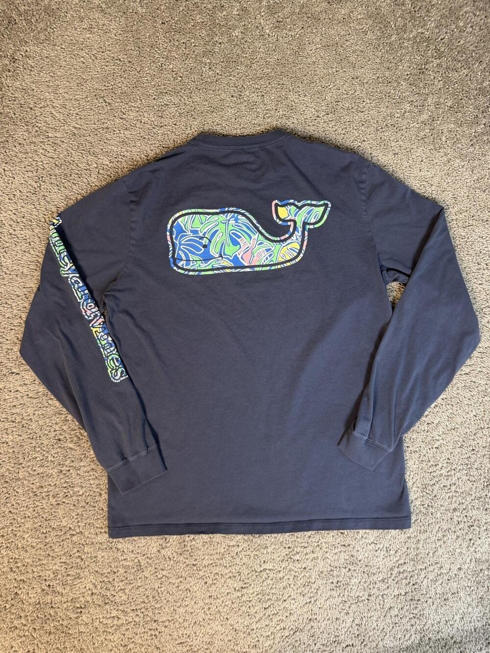 Vineyard Vines Shirt Mens S Blue Hawaiian Whale Pocket Logo Long Sleeve Cotton